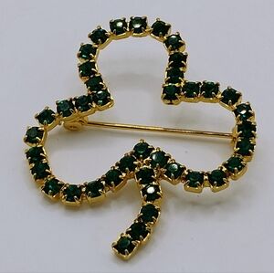 Vintage Three Leaf Clover Brooch Gold Tone w Green Crystal Stone Good Luck Pin